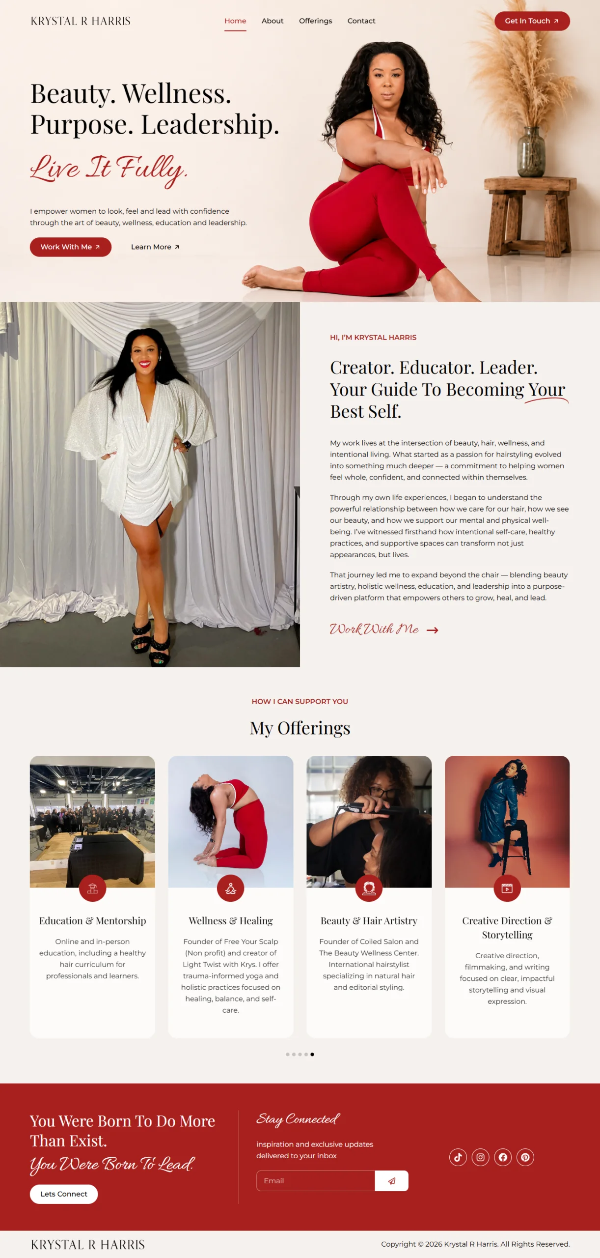 Krystal R. Harris website featuring a woman in red
